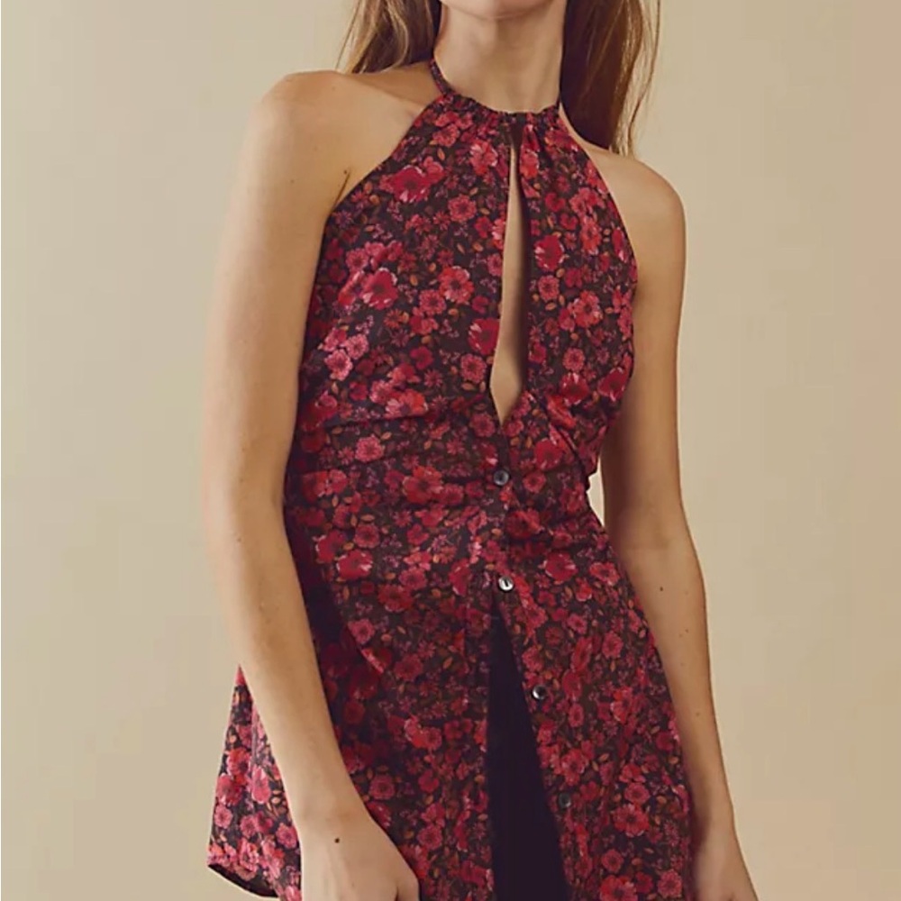Free People Red Floral Halter Tank Top